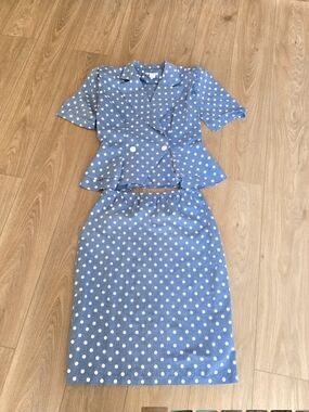 80's Vintage Just Ducky Polka Dot Two-Piece Skirt Set - Blue